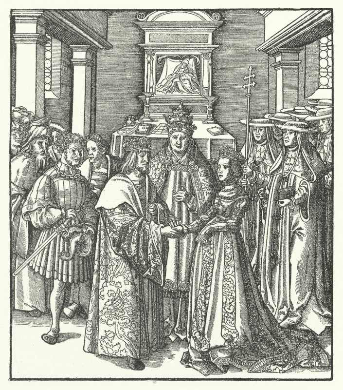 Pave Nicholas V præsiderer over ægteskabet mellem den hellige romerske kejser Frederik III og Eleanor af Portugal i Rom af Hans (after) Burgkmair