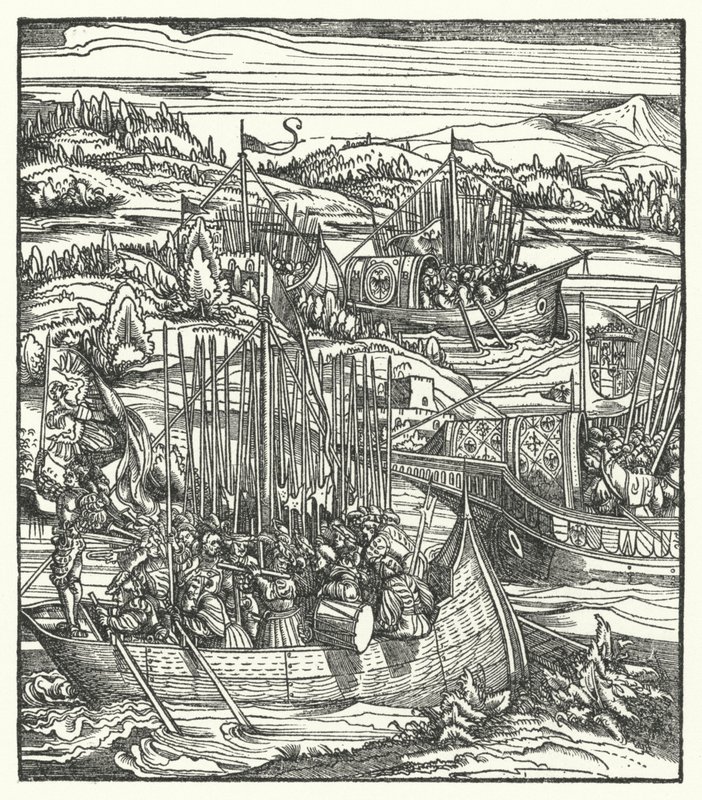 Den hellige romerske kejser Maximilian I med sin flåde ved La Spezia, Italien af Hans (after) Burgkmair