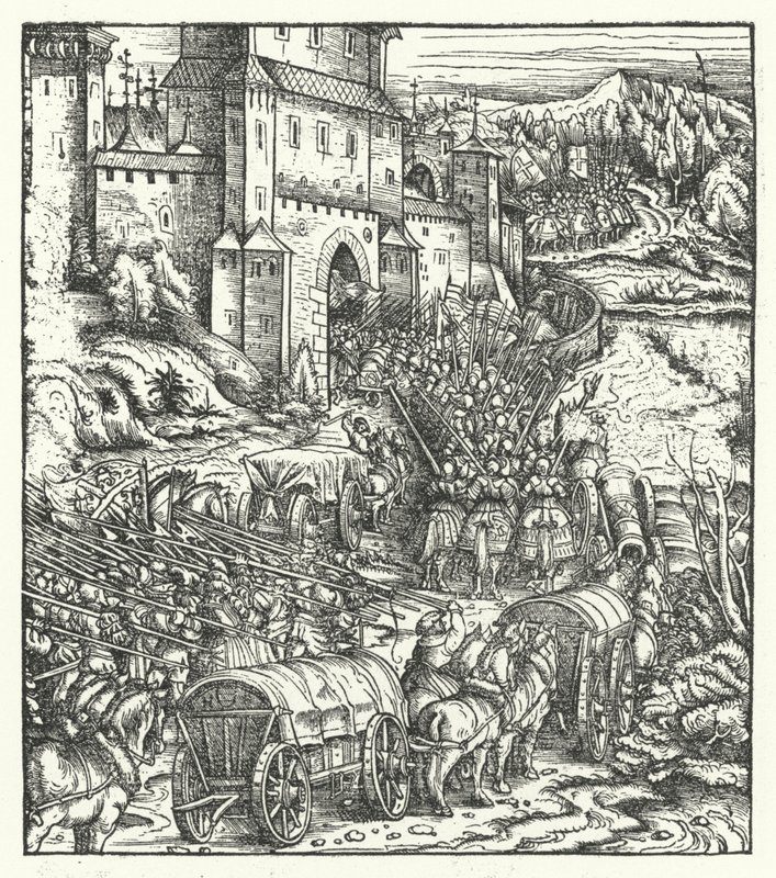 Indtagelsen af byen Tongeren af Hans (after) Burgkmair