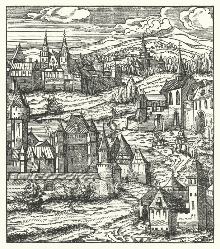 Wiener Neustadt, Østrig, fødested for Maximilian I, den hellige romerske kejser (gravering) af Hans (after) Burgkmair
