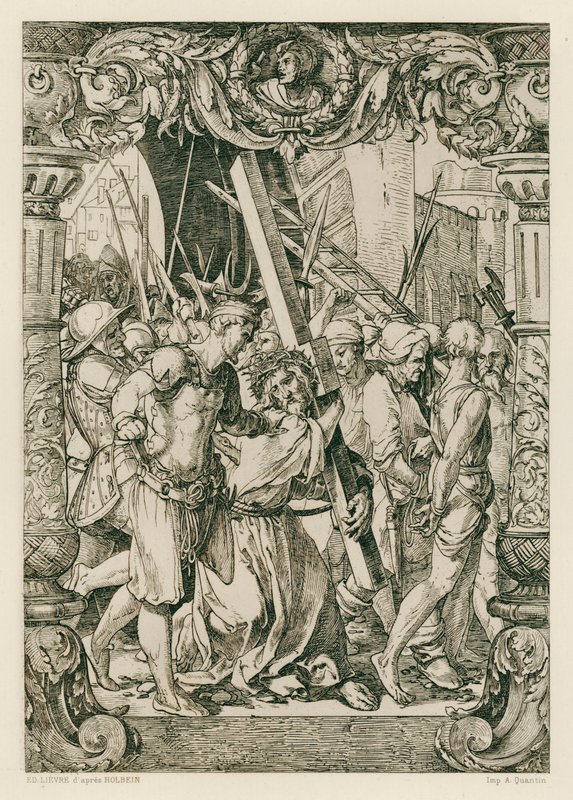 Jesus Kristus, klatre til Golgata (gravering) af Hans (after) Holbein the Younger