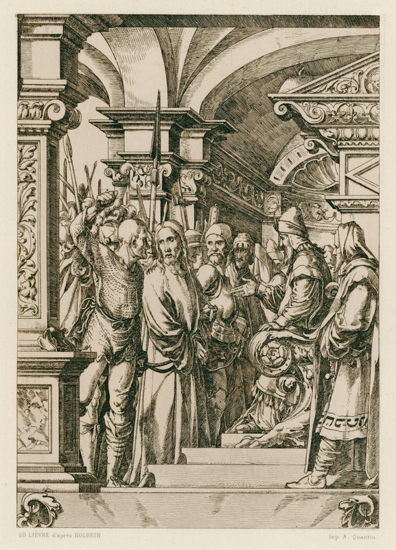 Jesus Kristus foran Kajfas (gravering) af Hans (after) Holbein the Younger
