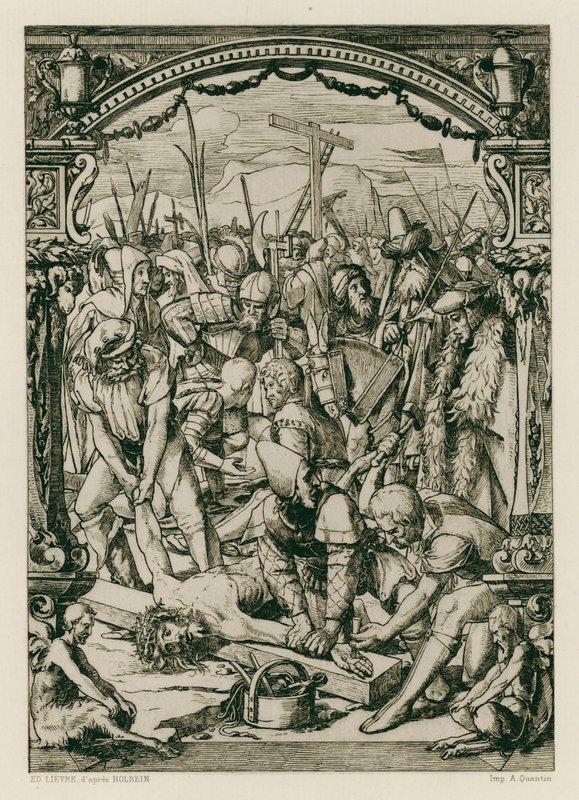Jesus Kristus, naglet til korset (gravering) af Hans (after) Holbein the Younger