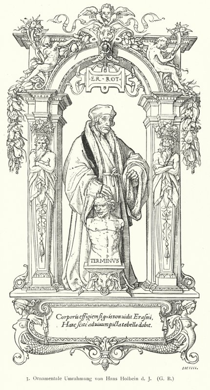Portræt af hollandsk renæssancehumanistforsker Desiderius Erasmus med ornamental ramme (gravering) af Hans (after) Holbein the Younger