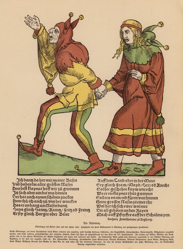 Næsedansen (farvelagt træsnit) af Hans Guldenmundt