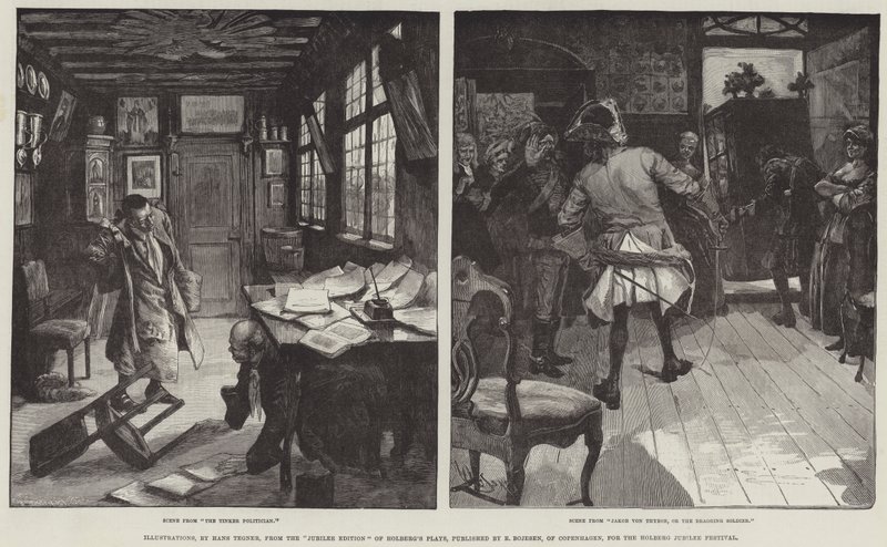 Illustrationer, fra jubilæumsudgaven af Holbergs skuespil, udgivet af E Bojesen, København, til Holbergs jubilæumsfestival af Hans Tegner
