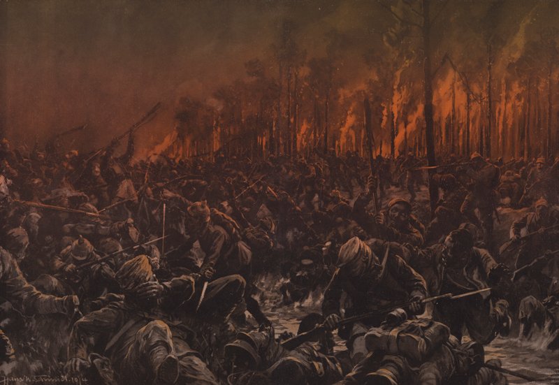 Et natangreb på de britiske stillinger på Yser (farve litho) af Hans W. (after) Schmidt