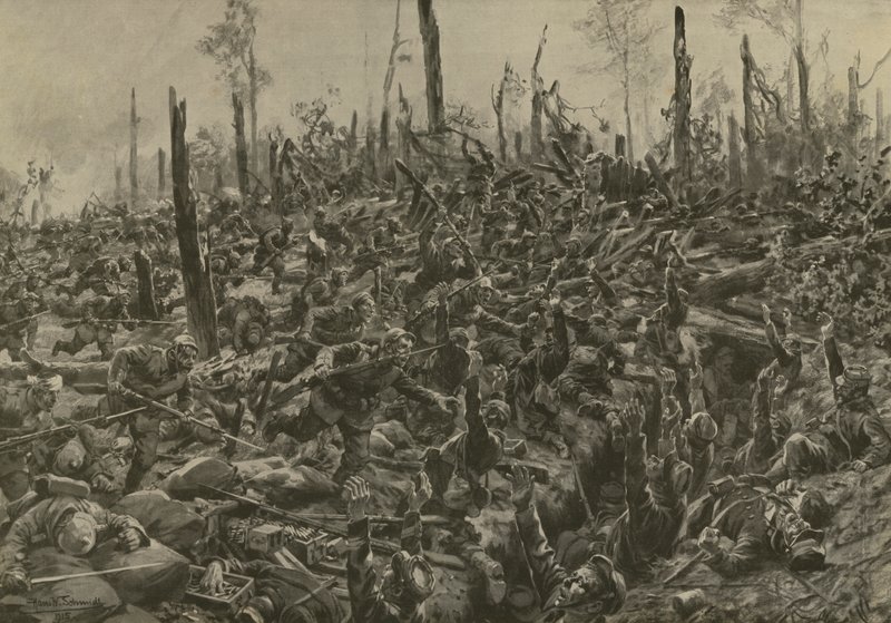 Tysk angreb på franske blokhuse og skyttegrave i Bois-le-Pretre efter artilleribombardementet den 5. juli 1915 (litho) af Hans W. (after) Schmidt