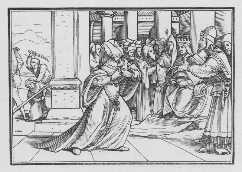 Athalia, der presser sig frem ind i templet, bliver grebet og dræbt, 2. Kongebog XI, 14 af Hans after Holbein the Younger