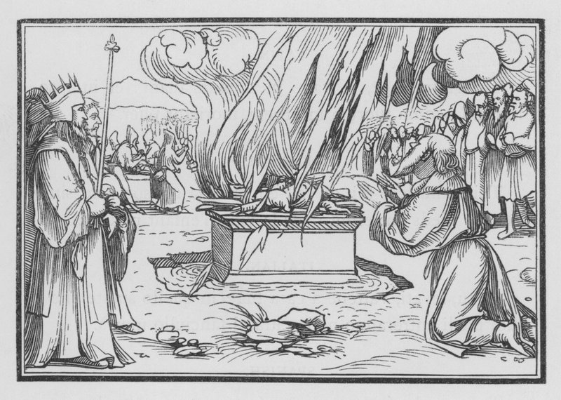 Elias beder, bliver besvaret af ild fra himlen, 1 Kongebog XVIII, 38 af Hans after Holbein the Younger
