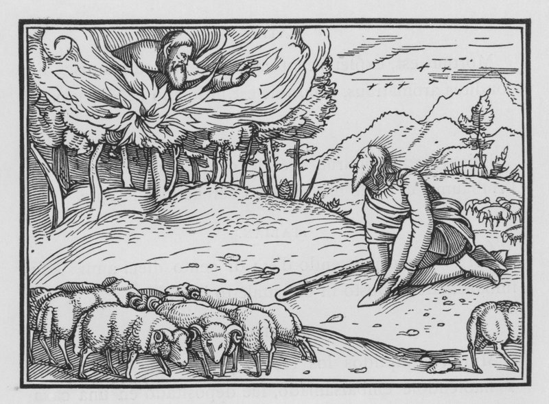 Gud viser sig for Moses i en brændende busk, Exodus III, 5 af Hans after Holbein the Younger