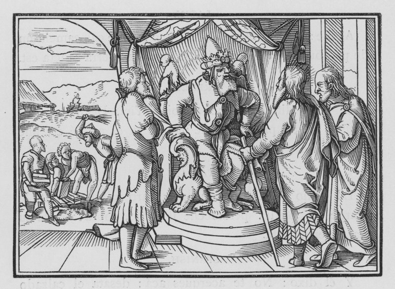 Farao Chideth Moses og Aron for deres budskab, Exodus V, 2 af Hans after Holbein the Younger