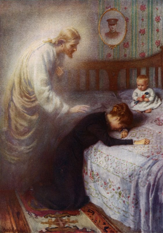 Kristus talsmanden: Jesus trøster en sørgende britisk krigsenke (farve litho) af Harold Copping