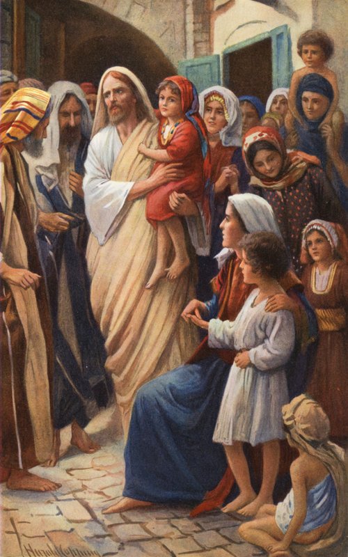 Jesus velsigner små børn (farvelitografi) af Harold Copping