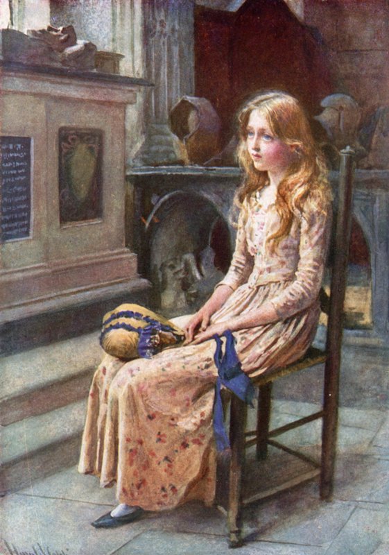 Lille Nell i den gamle kirke (farve litho) af Harold Copping