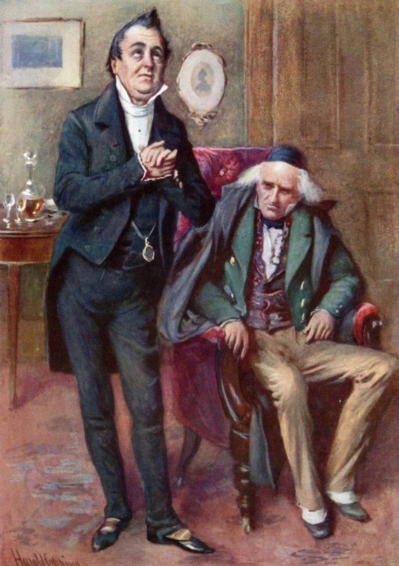 Mr. Pecksniff og Old Martin Chuzzlewit (farve litho) af Harold Copping