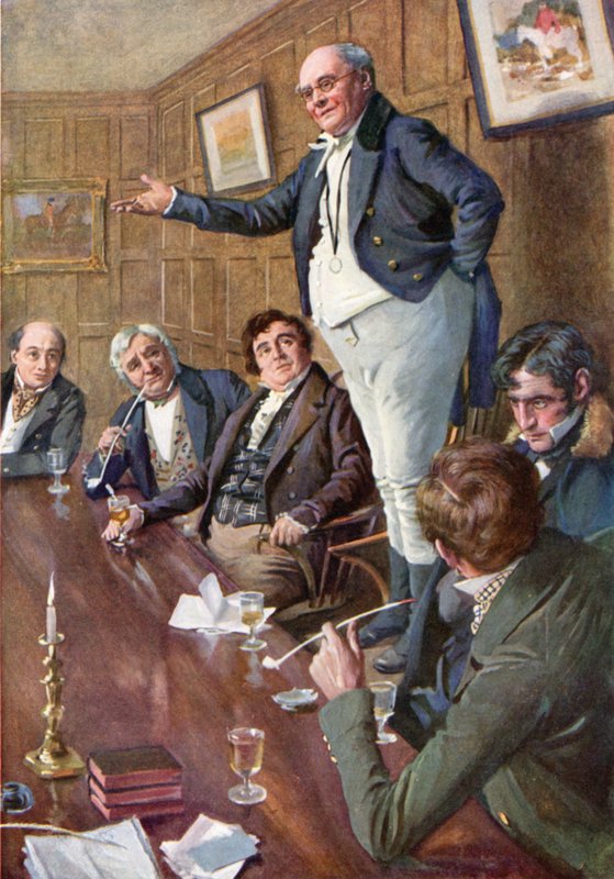 Mr. Pickwick taler til klubben (farve litho) af Harold Copping