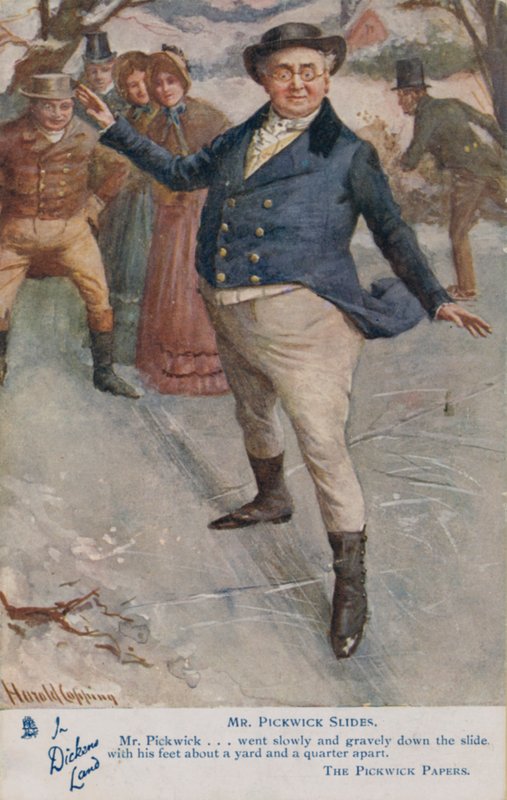 Hr. Pickwick glider på isen, scene fra Charles Dickens