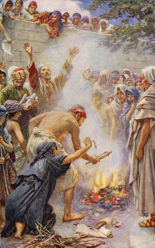 Det Nye Testamente: Brænding af bøgerne (farvelitografi) af Harold Copping