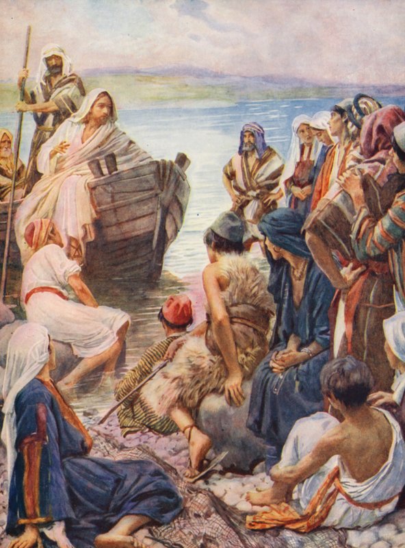 Det Nye Testamente: Ved søen (farvelitografi) af Harold Copping