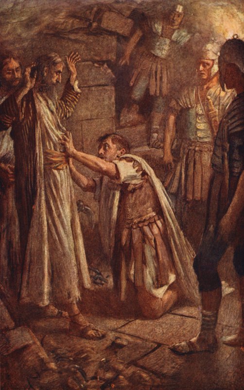 Det Nye Testamente: "Sirs, hvad skal jeg gøre" (farvelitografi) af Harold Copping