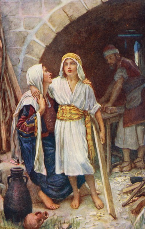 Det Nye Testamente: The Home at Nazareth (farvelitografi) af Harold Copping