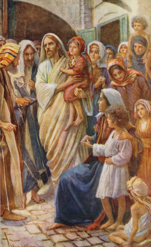 Det Nye Testamente: De små børn (farvelitografi) af Harold Copping