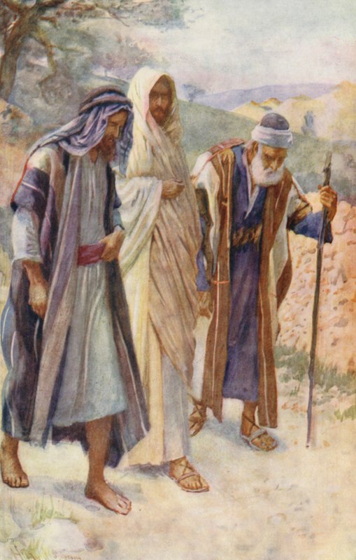 Det Nye Testamente: Vandringen til Emmaus (farvelitografi) af Harold Copping