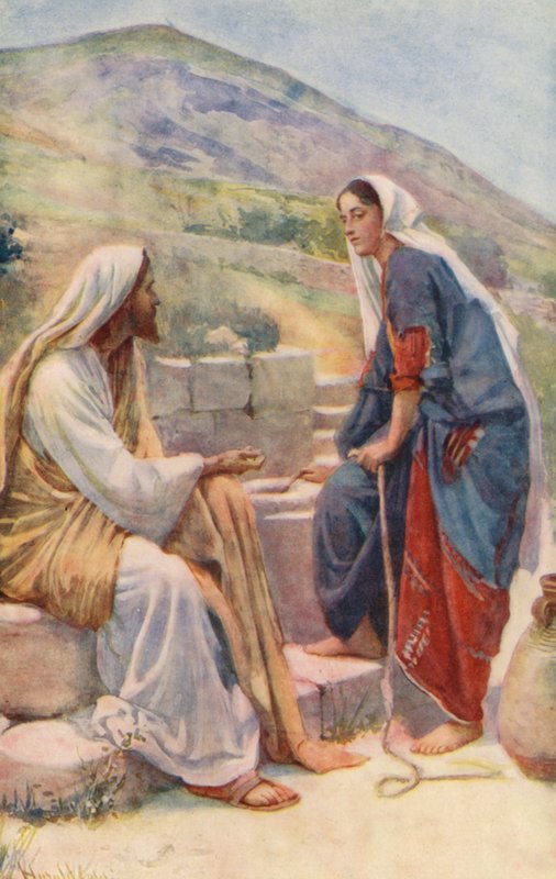 Det Nye Testamente: Brønden i Sykar (farvelitografi) af Harold Copping