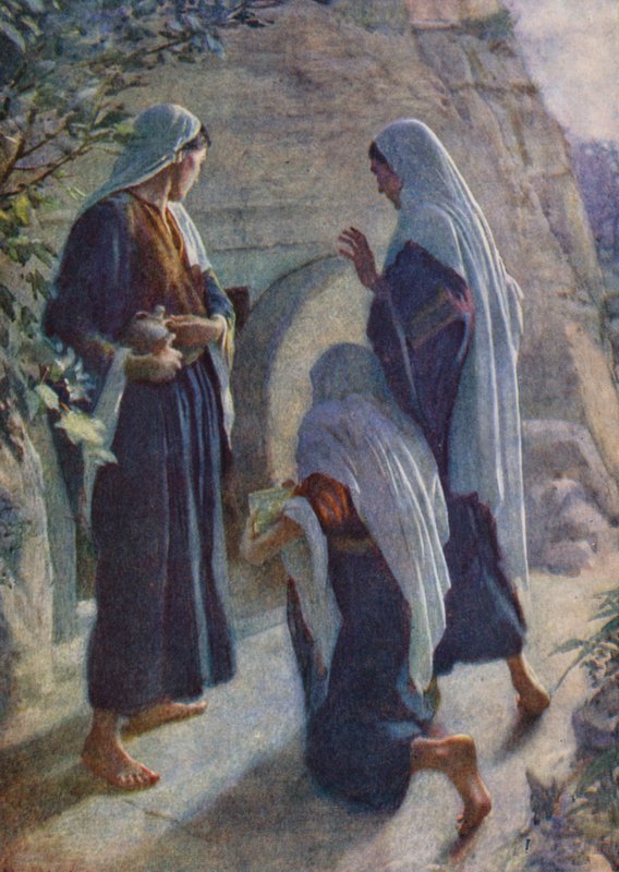 Det Nye Testamente: Kvinderne ved graven (farvelitografi) af Harold Copping