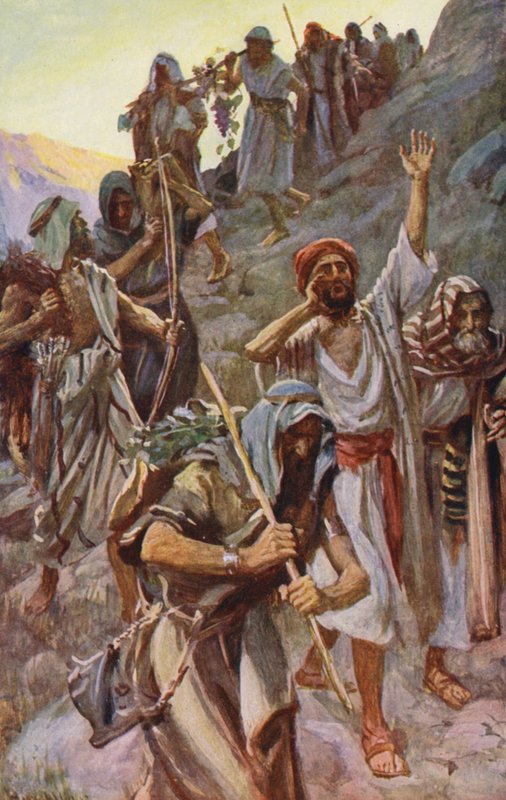 Det Gamle Testamente: "Et land, der flyder med mælk og honning" (farvelitografi) af Harold Copping