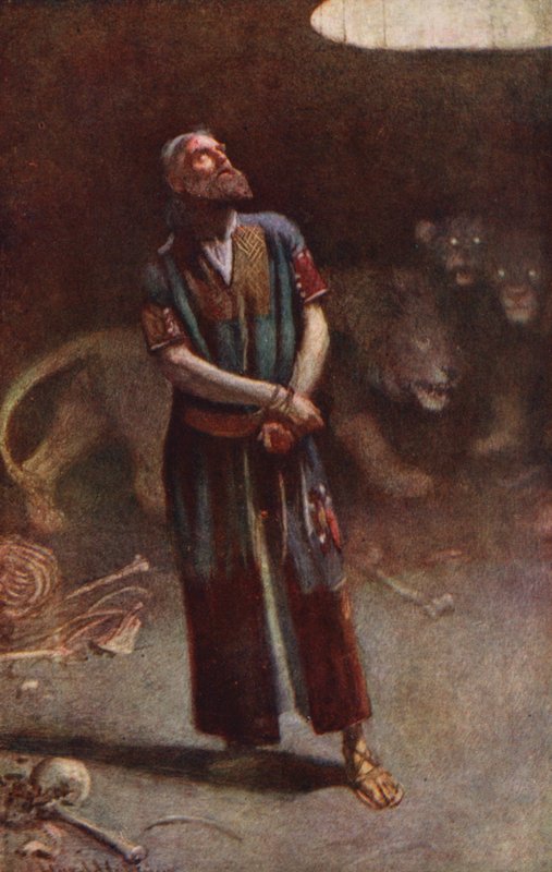 Det Gamle Testamente: Daniel i løvens hule (farvelitografi) af Harold Copping