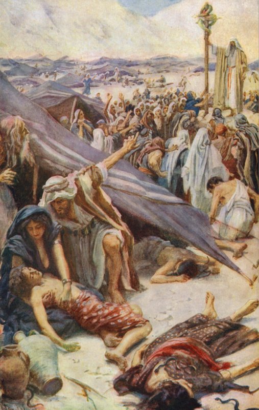 Det Gamle Testamente: Life for a Look, The Brazen Serpent (farvelitografi) af Harold Copping