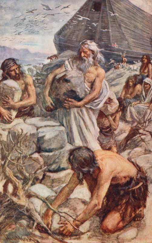 Det Gamle Testamente: Noah bygger sit alter (farvelitografi) af Harold Copping