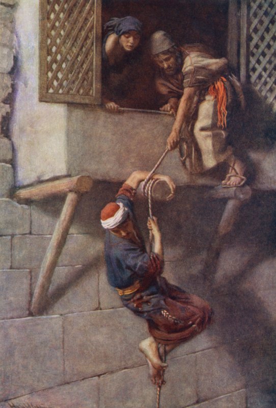 Det Gamle Testamente: Spionernes flugt (farvelitografi) af Harold Copping
