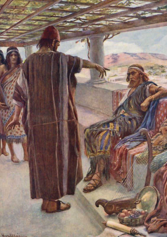 Det Gamle Testamente: "Du er manden" (farvelitografi) af Harold Copping