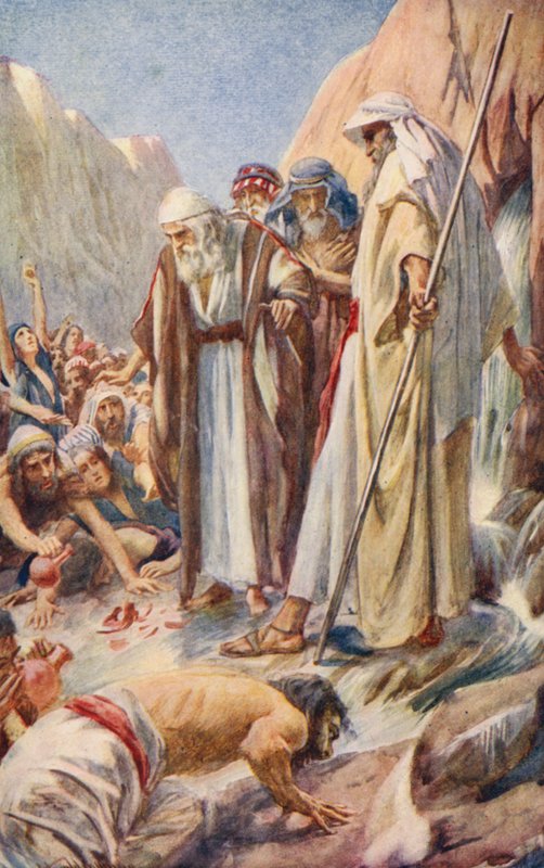 Det Gamle Testamente: Vand fra klippen (farvelitografi) af Harold Copping
