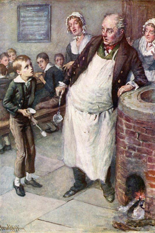 Oliver beder om mere (farve litho) af Harold Copping