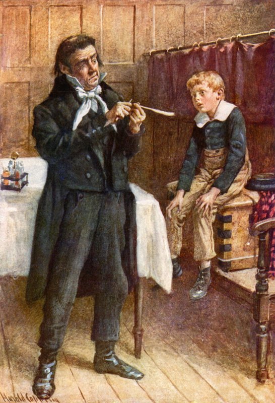 Wackford Squeers and the New Pupil (farve litho) af Harold Copping