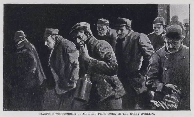 Bradford Woolcombers går hjem fra arbejde tidligt om morgenen (s/h-billede) af Harold Hume Piffard