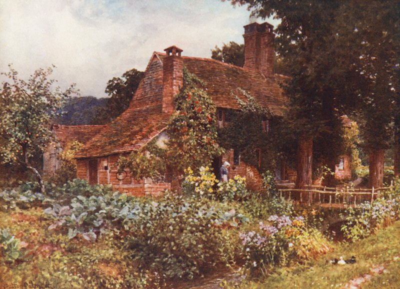 Old Mill Cottages, Abinger (farvelitografi) af Harold Sutton Palmer