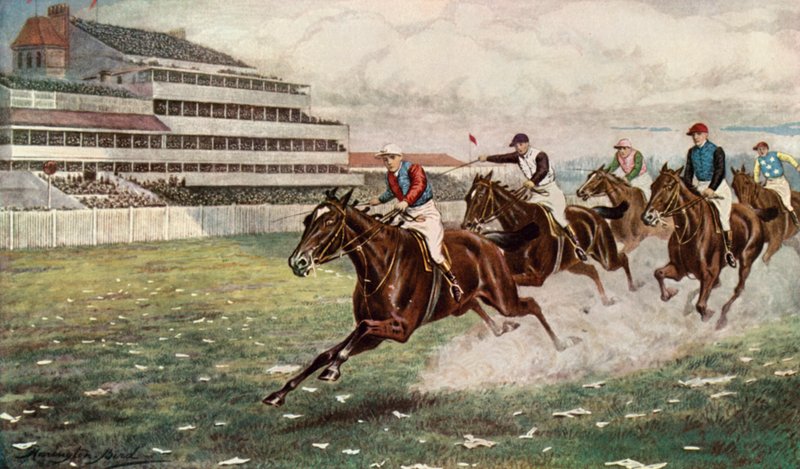 Isinglass Winning the Derby (farve litho) af Harrington Bird