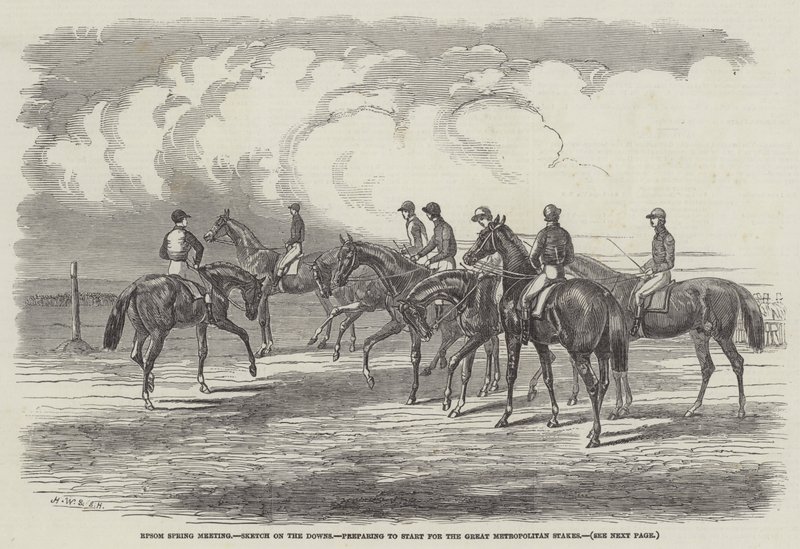 Epsom Spring Meeting, Sketch on the Downs, forbereder sig til at starte til Great Metropolitan Stakes af Harrison William Weir