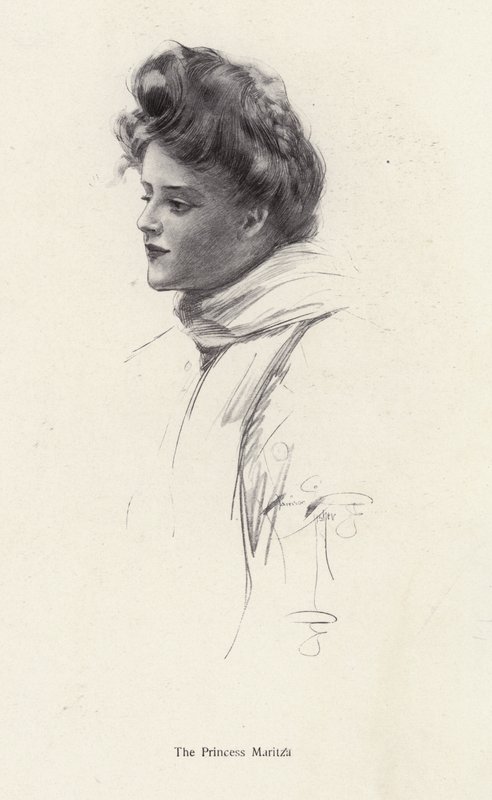 En karakter, grevinde Frina Mavrodin fra romanen, The Princess Moritza, af Percy Brebner (litho) af Harrison Fisher
