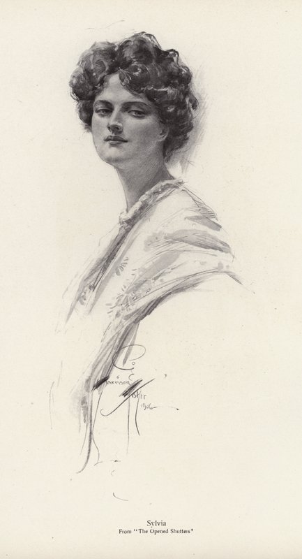 En karakter, Sylvia, fra romanen, The Opened Shutters, af Clara Louise Burnham (litho) af Harrison Fisher