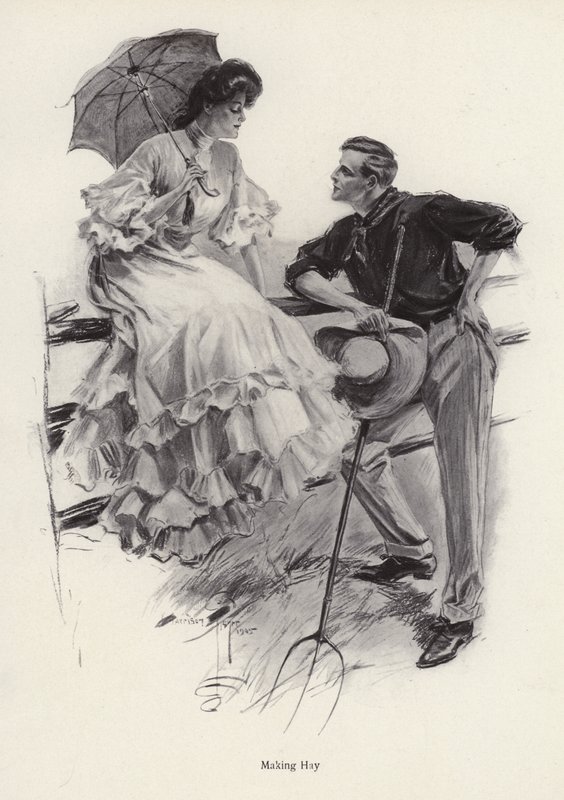 En landmand holder pause i sit arbejde for at flirte med en ung kvinde (litho) af Harrison Fisher