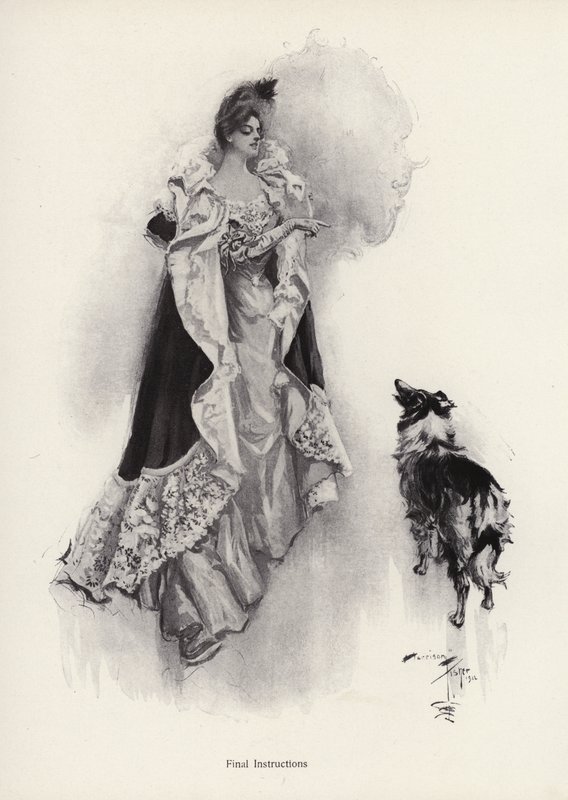 En ung kvinde går ud om aftenen og beder sin hund om at adlyde instruktioner (litho) af Harrison Fisher