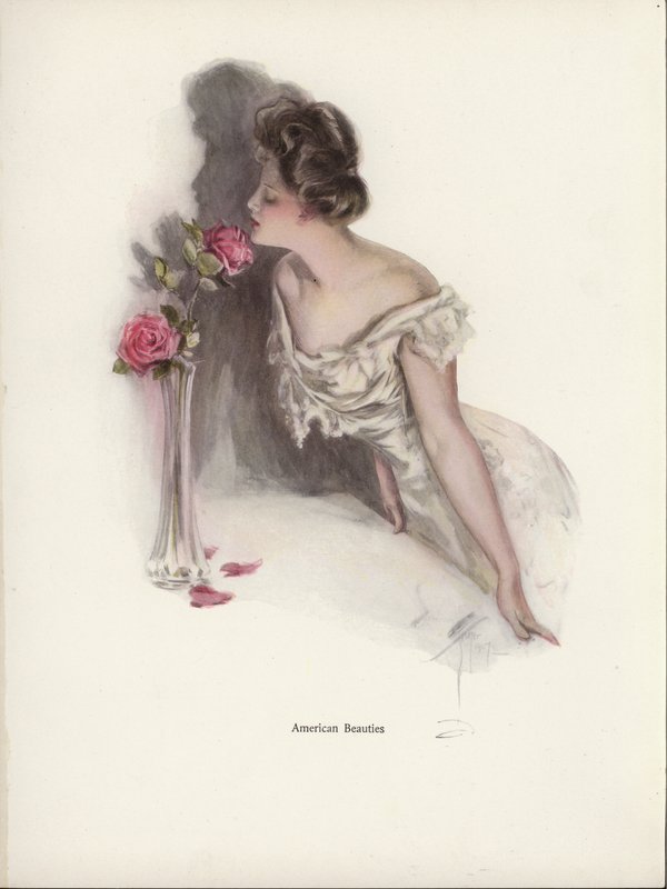Amerikansk kvinde dufter lyserøde roser i en vase (farve litho) af Harrison Fisher