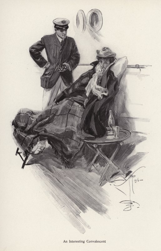 Kaptajn om bord på et skib taler med en kvinde i rekonvalescens (litho) af Harrison Fisher