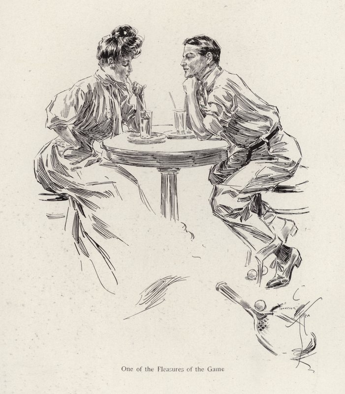 Par tager en drink efter et tennisspil (farve litho) af Harrison Fisher